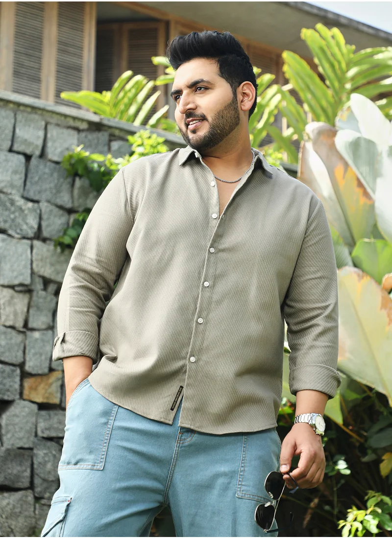 انستافاب بلس Instafab Plus Men's Dark Khaki Slanted-Trough Shirt For Casual Wear | Spread Collar | Long Cuffed Sleeves | Button Closure | Plus Size Shirt Crafted With Comfort Fit For Everyday Wear
