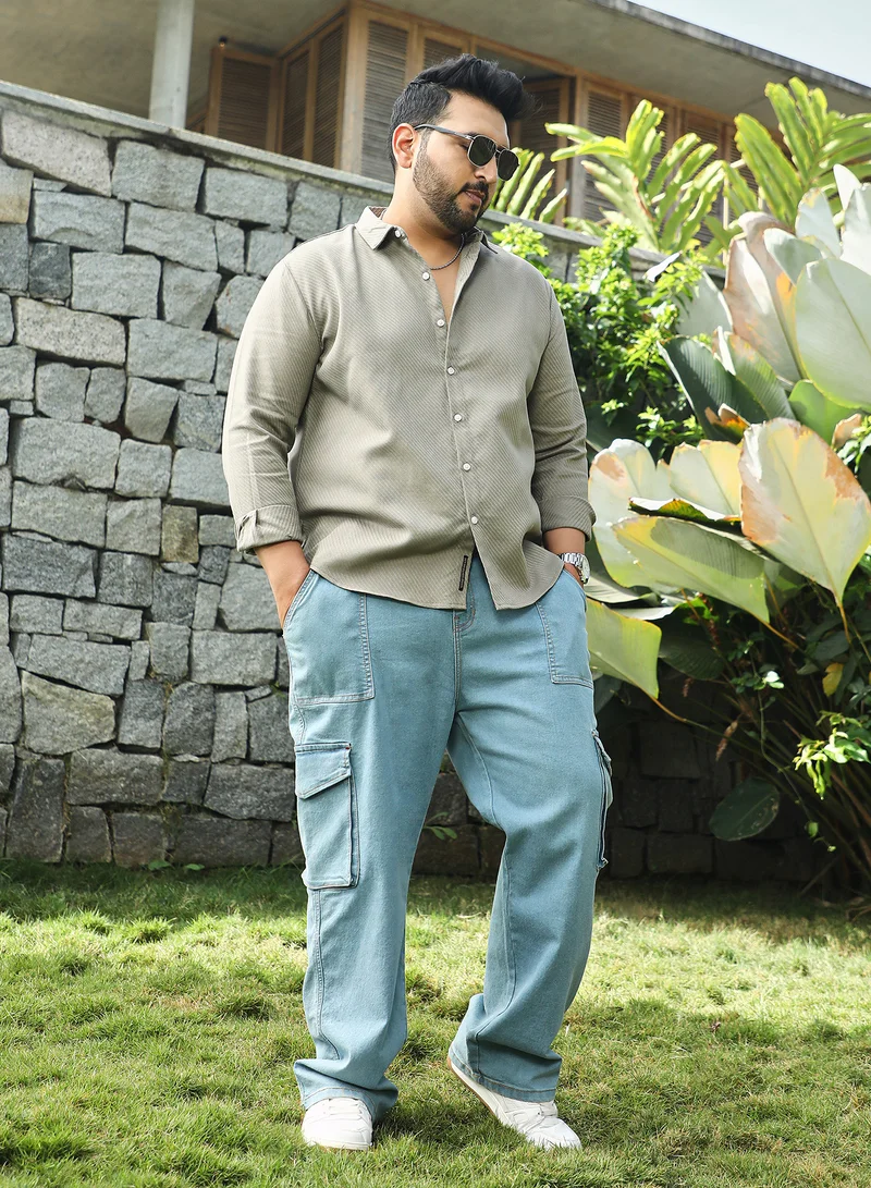 Instafab Plus Instafab Plus Men's Dark Khaki Slanted-Trough Shirt For Casual Wear | Spread Collar | Long Cuffed Sleeves | Button Closure | Plus Size Shirt Crafted With Comfort Fit For Everyday Wear