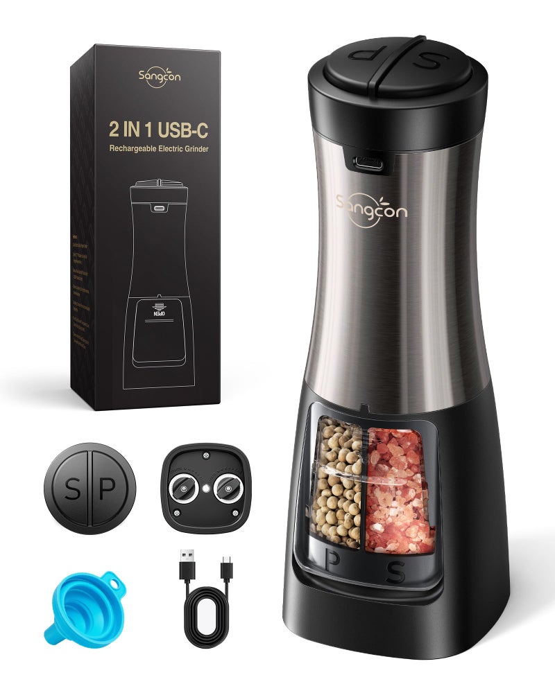 Sangcon Electric Salt and Pepper Grinder Set Shakers 2 IN 1 - USB RECHARGEABLE Salt and Pepper Mill Set All in One, Automatic Refillable Adjustable Coarseness Ceramic Grinder with Light - Image 1