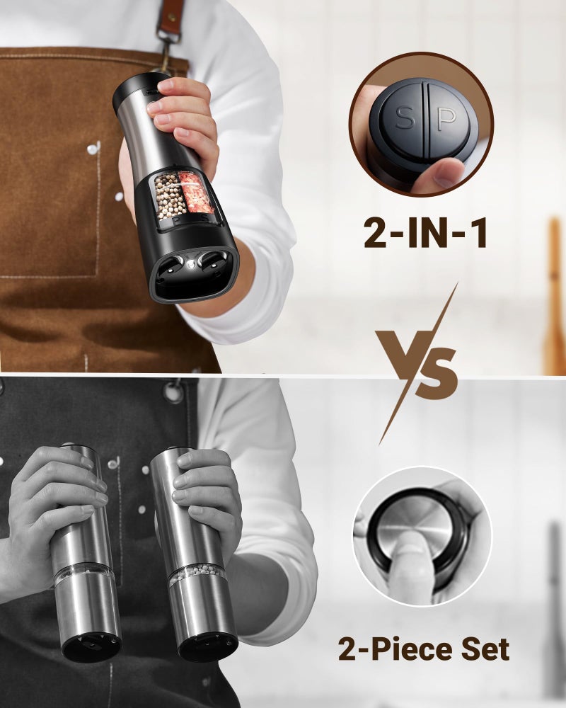 Sangcon Electric Salt and Pepper Grinder Set Shakers 2 IN 1 - USB RECHARGEABLE Salt and Pepper Mill Set All in One, Automatic Refillable Adjustable Coarseness Ceramic Grinder with Light - Image 2