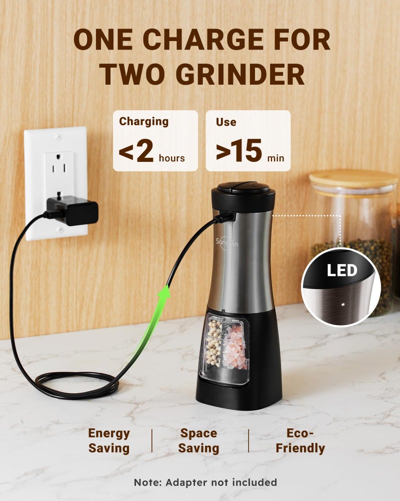 Sangcon Electric Salt and Pepper Grinder Set Shakers 2 IN 1 - USB RECHARGEABLE Salt and Pepper Mill Set All in One, Automatic Refillable Adjustable Coarseness Ceramic Grinder with Light - Image 3