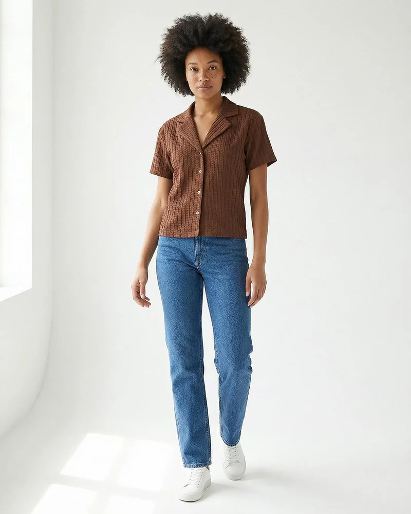 REDTAG Women Brown Collared Short Sleeve Top