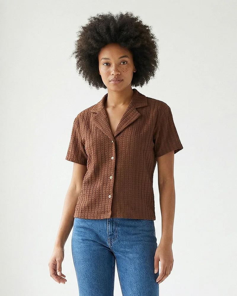 REDTAG Women Brown Collared Short Sleeve Top