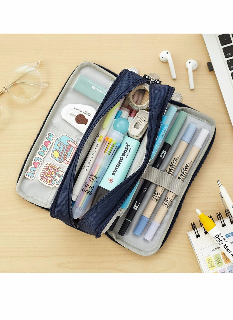 SYOSI - Large Capacity Pencil Case 3 Compartment Pouch Pen Bag for School Teen Girl Boy Men Women (Navy) - Image 1