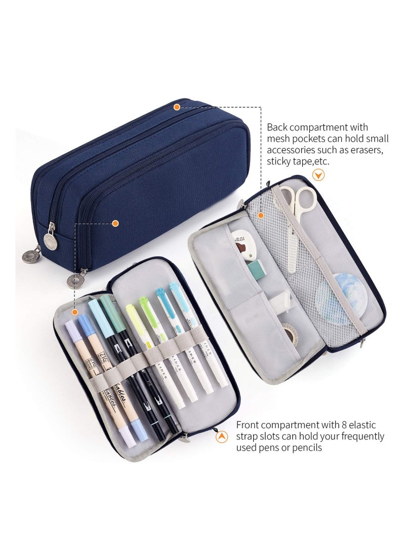 SYOSI - Large Capacity Pencil Case 3 Compartment Pouch Pen Bag for School Teen Girl Boy Men Women (Navy) - Image 1