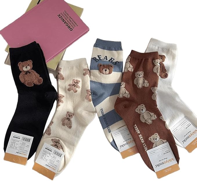 SMARTEDGE Women's Socks, Made of Great Material, Disney Patterns in Wonderful Colors, Ladies Teddy Bear Long Socks, Cute Summer Socks, New Design, 5 Pairs with One Gift, Multicolor