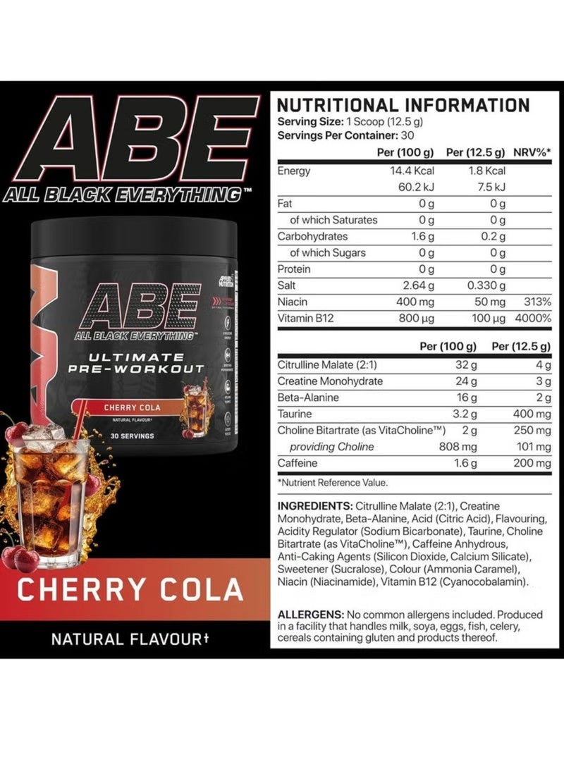 أبلايد نيوتريشن مسحوق ABE المتطور لما قبل التمرين بنكهة كولا الكرز (375 جم) | 30 حصة | 3 جم كرياتين و3 جم سيترولين لكل حصة | فيتامين B3 | تركيبة ما قبل التمرين | مذاق رائع - Image 2