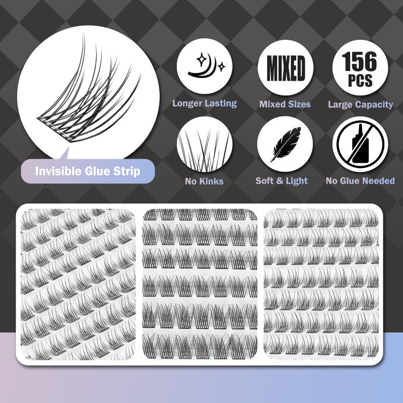 WONSIS Self Adhesive Eyelashes, 156 Pcs Self Adhesive Eyelash Clusters, No Glue Needed, Invisible Strip Tape - Longer Lasting, No Sticky Residue Pre Glued Eyelashes (Natural-Mixed)â€¦ - Image 4