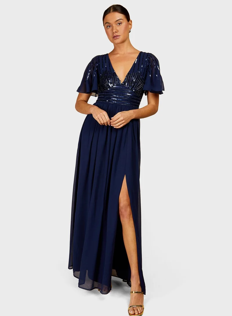 Little Mistress Frill Sleeve Side Split Dress
