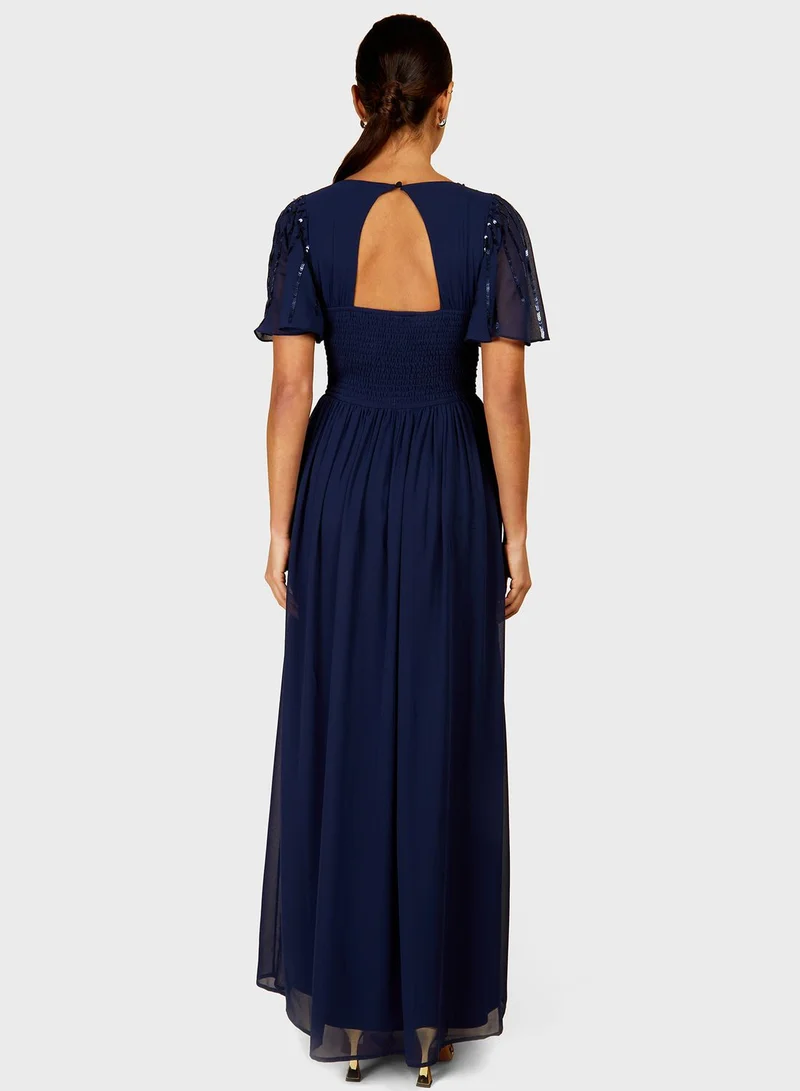 Little Mistress Frill Sleeve Side Split Dress