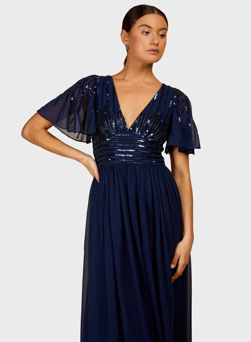 Little Mistress Frill Sleeve Side Split Dress