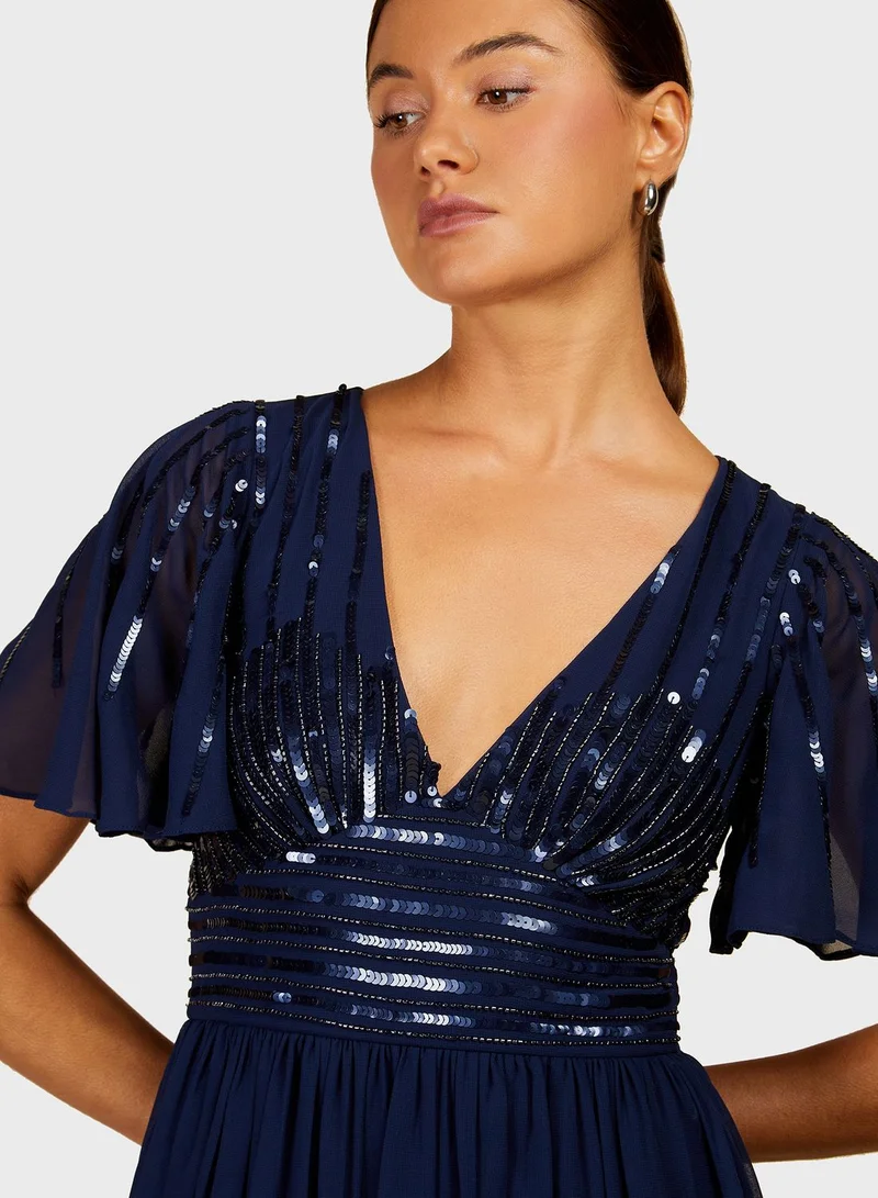 Little Mistress Frill Sleeve Side Split Dress