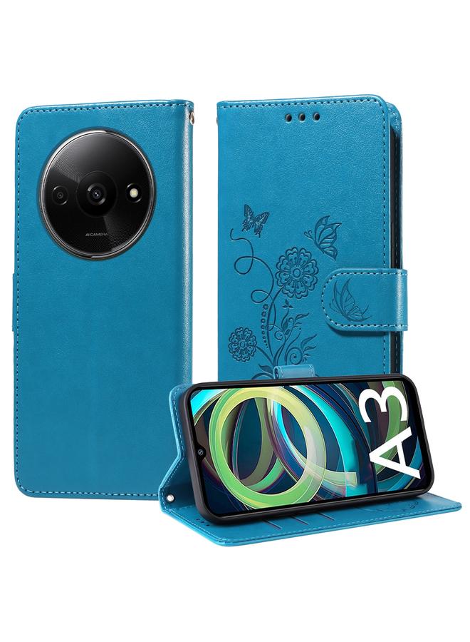 زبون جراب هاتف جلدي منقوش عليه زهور الفراشة لهاتف Xiaomi Poco C61 4G / Redmi A3 4G (أزرق)