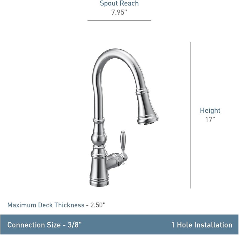 MOEN صنبور مطبخ موين ويماوث باللون الذهبي المصقول مع خطاف الراعي التقليدي ونظام سحب مع رأس رش مع تقنية باور بوست S73004BG - Image 4