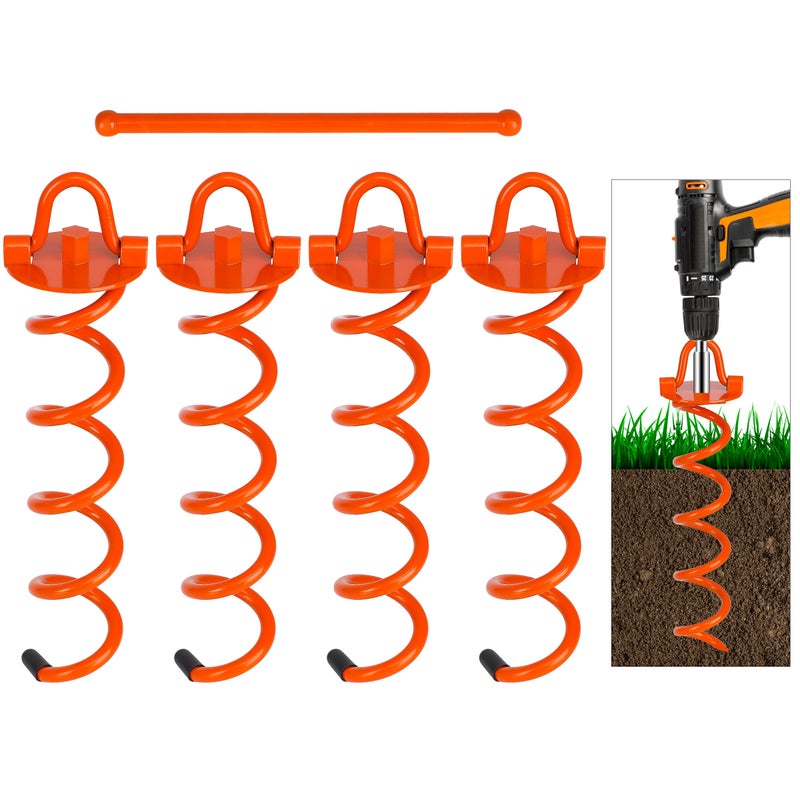 FEED GARDEN 12.2 Inch Spiral Ground Anchors Heavy Duty Screw in Spiral Stakes, 4 Pack Folding Ring Ground Stakes for Securing Dogs,Tents, Trampolines, Canopies, Swing Sets,Orange - Image 1
