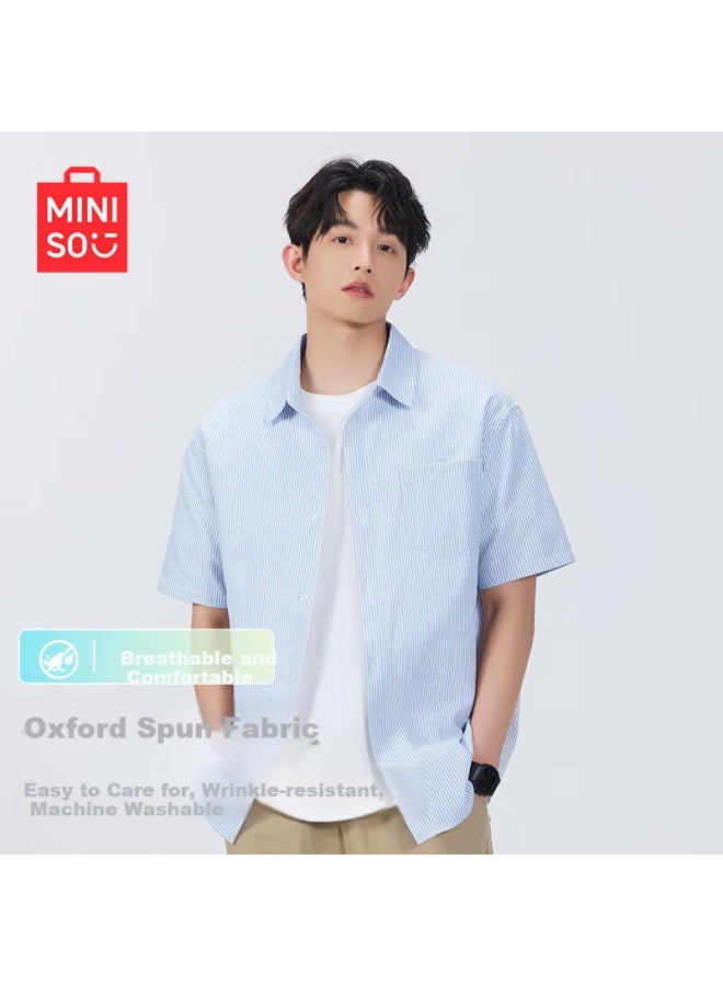 Mingchuang Youpin Miniso Short-sleeve Shirt For Men, Summer Oxford Cloth Striped Shirt, Casual Collared Half-sleeve, Z Blue And White, 2XL - Image 1