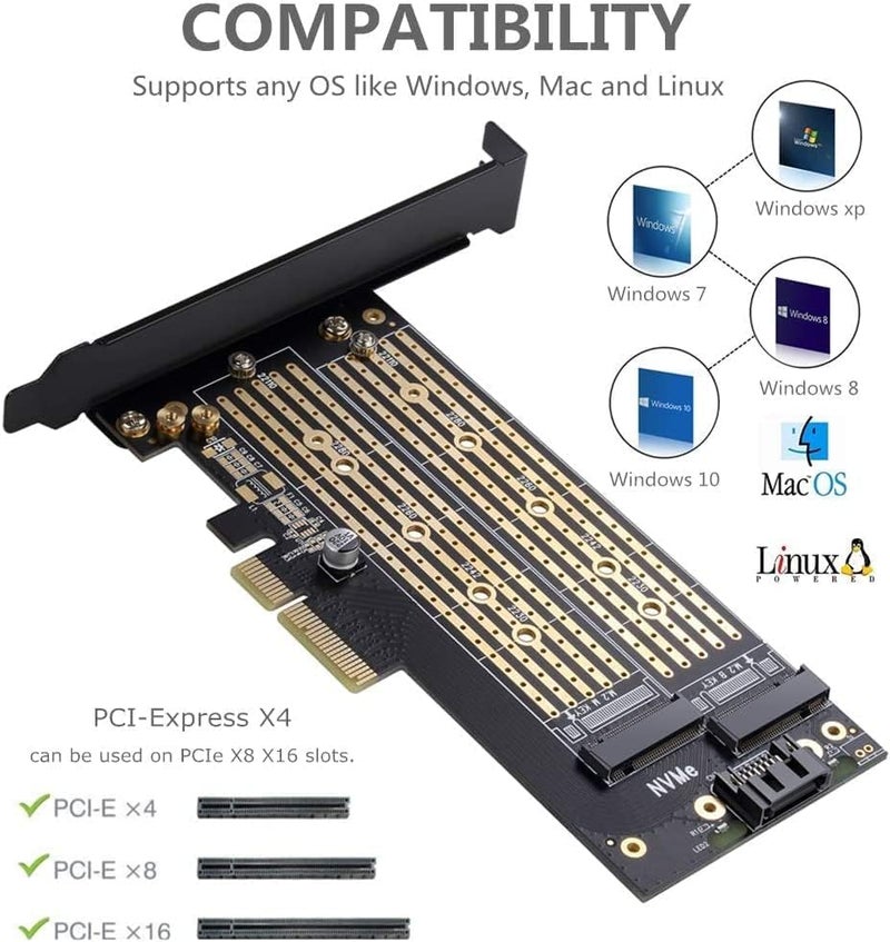 Etzin Dual M.2 PCIE Adapter for SATA or PCIE NVMe SSD with Advanced Heat Sink Solution,M.2 SSD NVME and SATA22110 2280 2260 2242 2230to PCI-e 3.0 x 4 Host Controller Expansion Card - Image 3