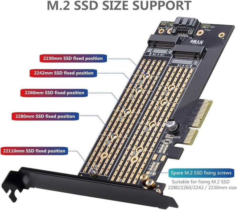 Etzin Dual M.2 PCIE Adapter for SATA or PCIE NVMe SSD with Advanced Heat Sink Solution,M.2 SSD NVME and SATA22110 2280 2260 2242 2230to PCI-e 3.0 x 4 Host Controller Expansion Card - Image 4
