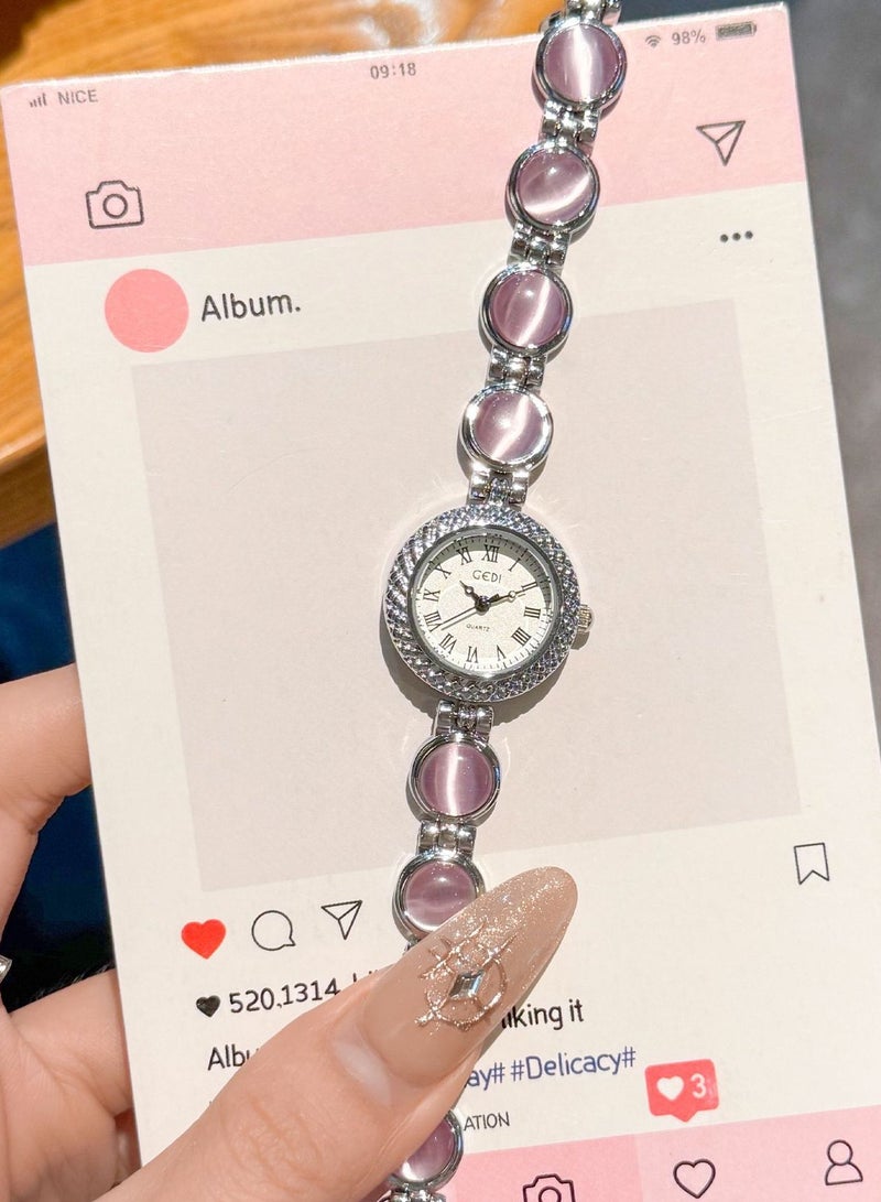 GEDI Women's Pink Cat-Eye Bracelet Watch Crystal Bezel Roman Dial Fashion Ladies Wristwatch