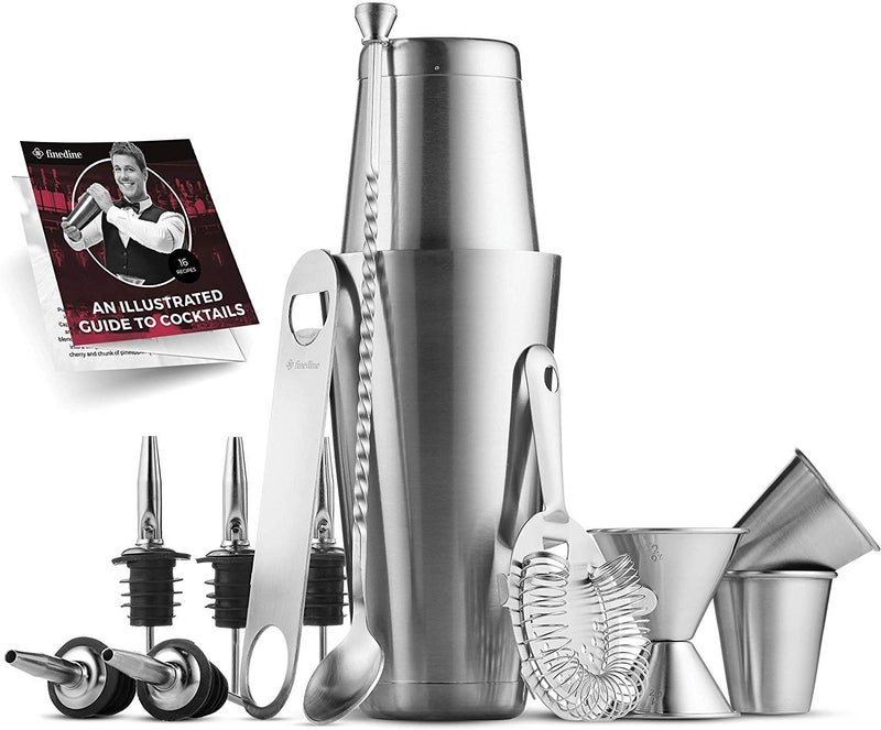 Expert Cocktail Shaker Home Bar Set  14 Piece Stainless Steel Bar Tools Kit with Shaking Tins Flat Bottle Opener Double Bar Jigger Hawthorne Strainer Shot Glasses Bar Spoon and 6 Pour Spouts