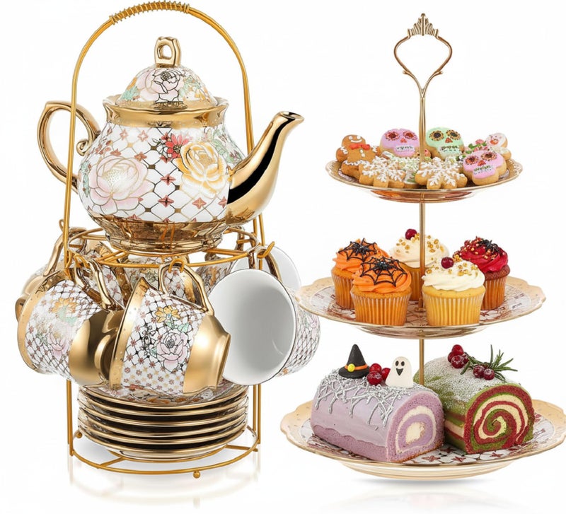 Maxcheck 21 Pcs Tea Party Set for Adults European Floral Tea Set with Metal Holder and 3 Tier Ceramic Cake Stand Porcelain Flower Cup Teapot for Dessert CupcakeStylish Style