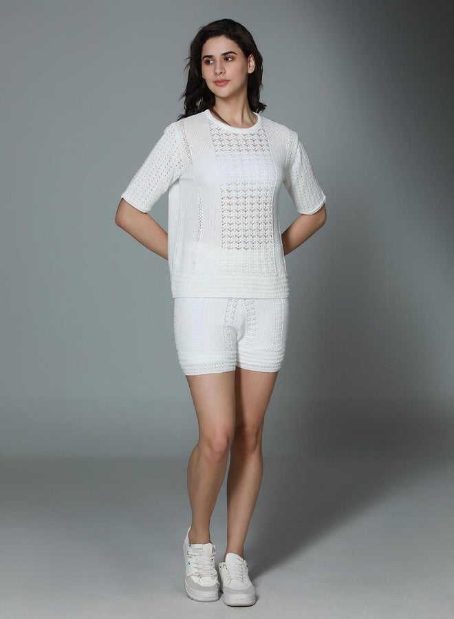 HIGH STAR Women's White 100% Cotton Solid Pattern T-Shirt Upperwear Cropped Length Casual Bottomwear Regular Fit Co-Ords  - Image 5