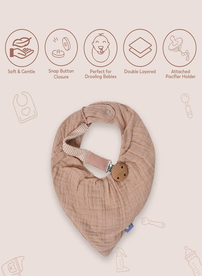 Mi Arcus 100% Cotton Muslin Dual Layer Drool Bib with Pacifier Band Set with Snap Button Closure- Pink - Image 2