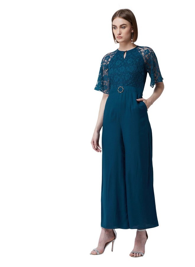 Miss Chase - Miss Chase Women's Round Neck Flared Sleeve Floral Raglan Regular Jumpsuit (MCSS23D79-02-83-02, Teal, XS) - Image 1