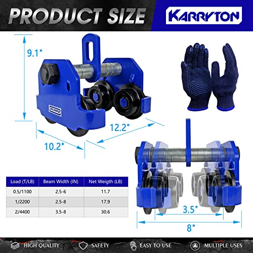 KARRYTON 2Ton/4400LB Beam Trolley 3.5 – 8in Adjustable Flange Width, Heavy Duty Manual Push Trolley w/Dual Track Rollers for Crane Lifts, Garage Hoists, Straight/Curved I Beams - Image 3