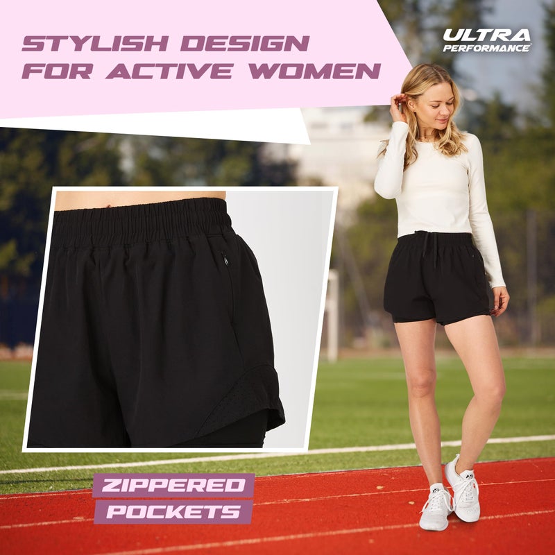 Ultra Performance Womens Running Gym Shorts Women Pack of 2, Nylon Compression Workout Shorts Women with Liner Black, Pink - Image 4