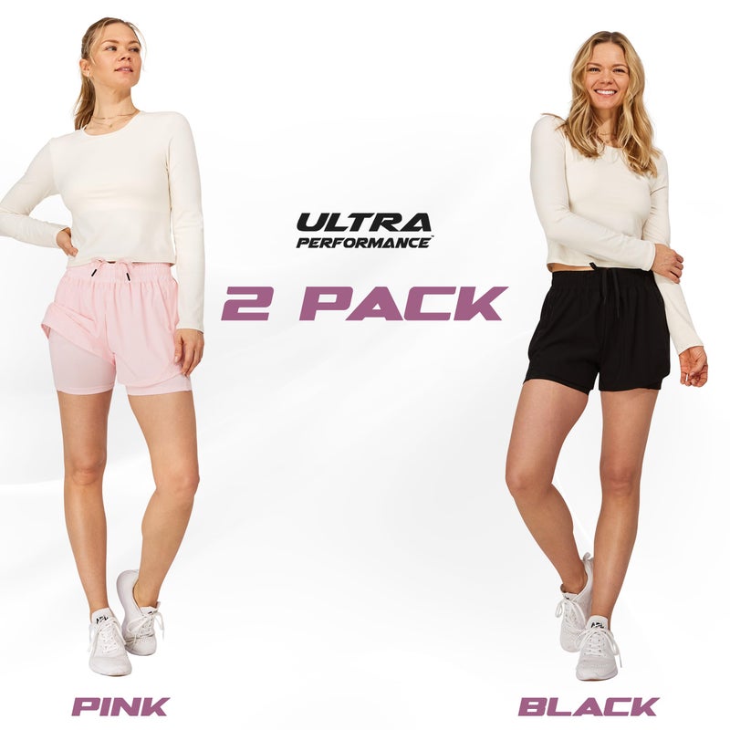 Ultra Performance Womens Running Gym Shorts Women Pack of 2, Nylon Compression Workout Shorts Women with Liner Black, Pink - Image 2