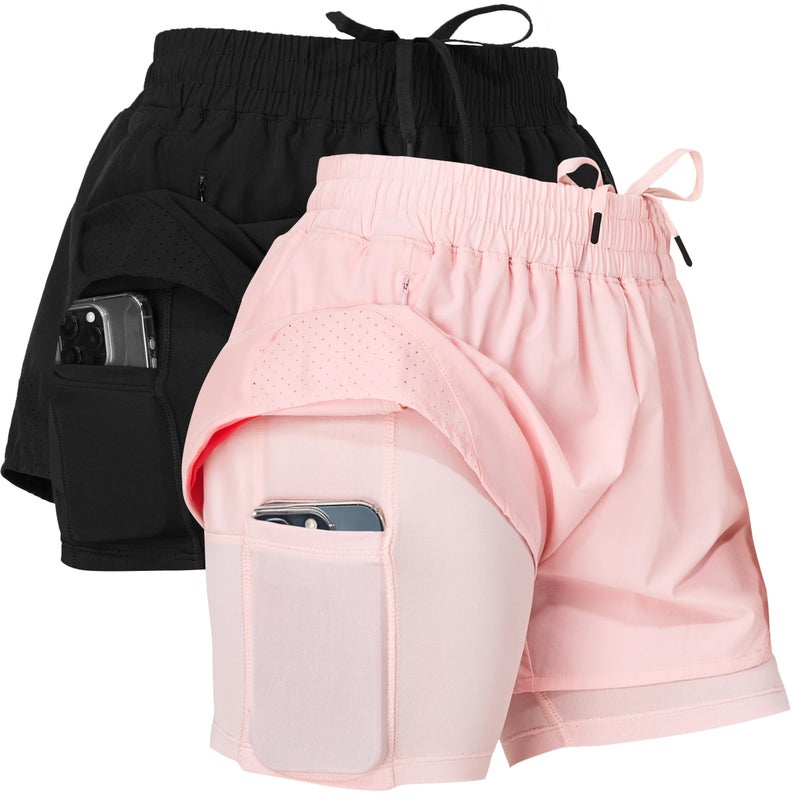 Ultra Performance Womens Running Gym Shorts Women Pack of 2, Nylon Compression Workout Shorts Women with Liner Black, Pink - Image 1