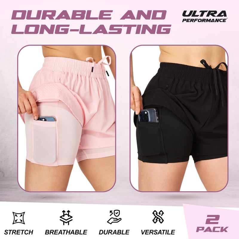Ultra Performance Womens Running Gym Shorts Women Pack of 2, Nylon Compression Workout Shorts Women with Liner Black, Pink - Image 5
