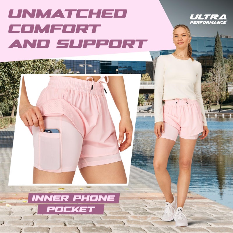 Ultra Performance Womens Running Gym Shorts Women Pack of 2, Nylon Compression Workout Shorts Women with Liner Black, Pink - Image 3