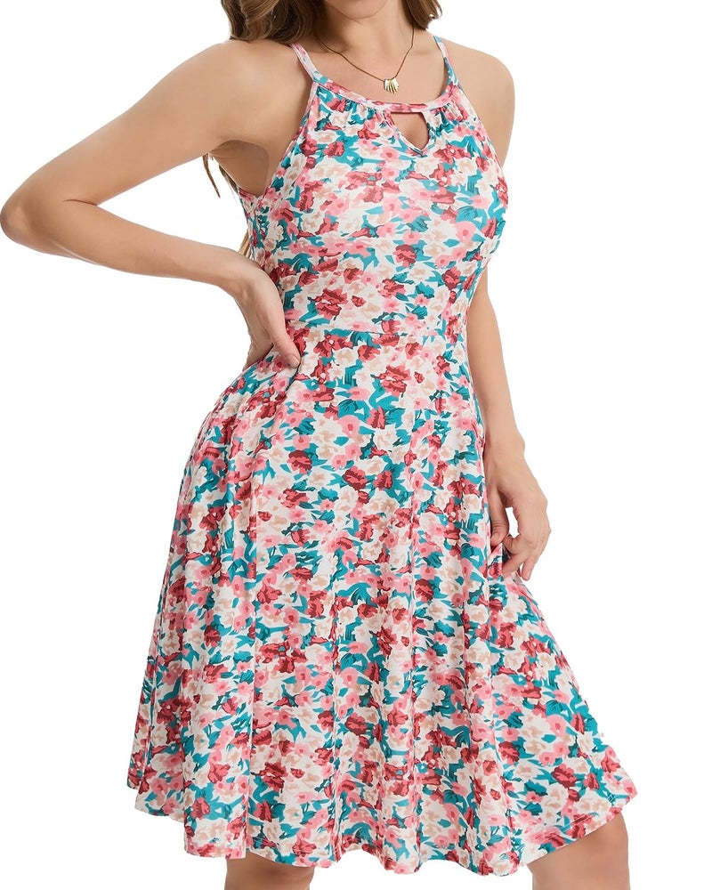 ANYFITTING Built in Bra Halter Dresses for Women 2026 Summer Pockets Dress Flowy Midi Sundresses Beach Vacation Pink Floral - Image 5