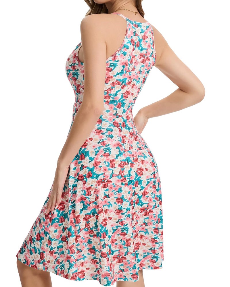 ANYFITTING Built in Bra Halter Dresses for Women 2026 Summer Pockets Dress Flowy Midi Sundresses Beach Vacation Pink Floral - Image 2