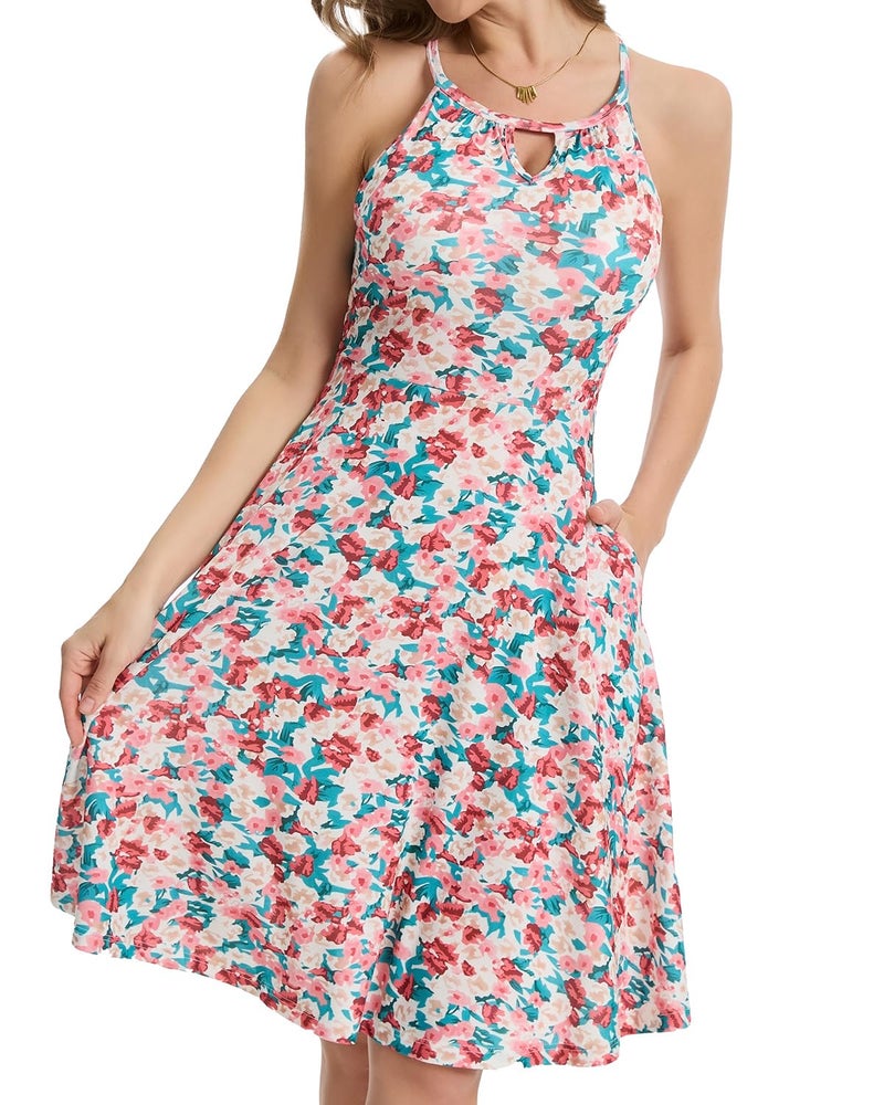 ANYFITTING Built in Bra Halter Dresses for Women 2026 Summer Pockets Dress Flowy Midi Sundresses Beach Vacation Pink Floral - Image 4