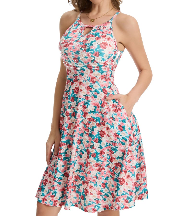 ANYFITTING Built in Bra Halter Dresses for Women 2026 Summer Pockets Dress Flowy Midi Sundresses Beach Vacation Pink Floral - Image 1