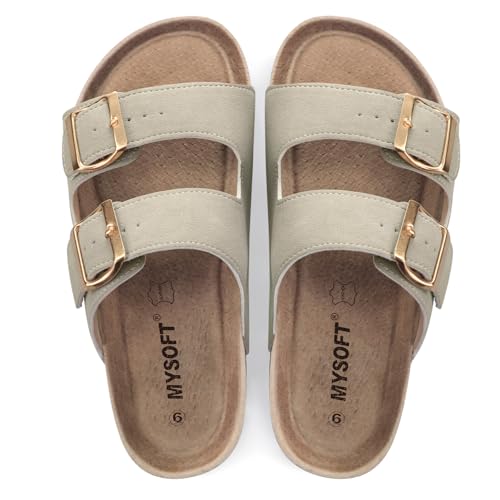 mysoft Womens Flat Sandals Cork Footbed Slides 2 Straps Adjustable Buckle Slip On Summer with +Comfort Shoes - Image 2
