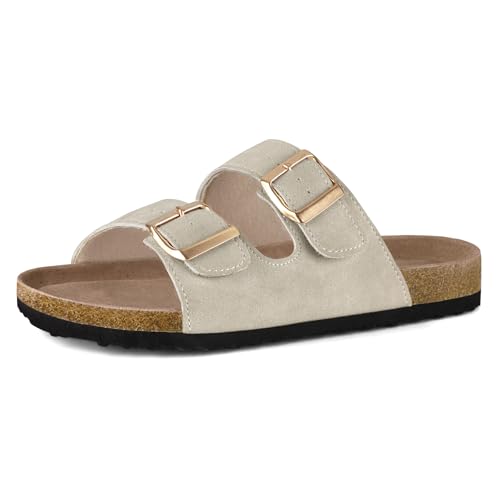 mysoft Womens Flat Sandals Cork Footbed Slides 2 Straps Adjustable Buckle Slip On Summer with +Comfort Shoes - Image 1