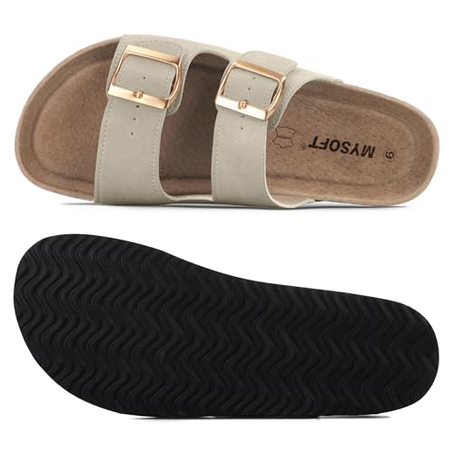 mysoft Womens Flat Sandals Cork Footbed Slides 2 Straps Adjustable Buckle Slip On Summer with +Comfort Shoes - Image 3