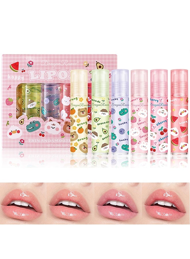راني دراجون مجموعة جلود الشفاه السائلة Dragon Ranee 6 قطع بنكهة الفواكه، زيت شفاه بكرة دوارة، ملمع شفاه غير لاصق، بلسم شفاه للعناية بالشفاه الجافة والمتشققة - Image 1