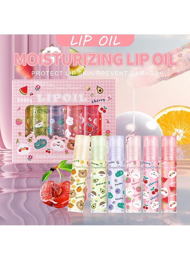 راني دراجون مجموعة جلود الشفاه السائلة Dragon Ranee 6 قطع بنكهة الفواكه، زيت شفاه بكرة دوارة، ملمع شفاه غير لاصق، بلسم شفاه للعناية بالشفاه الجافة والمتشققة - Image 3