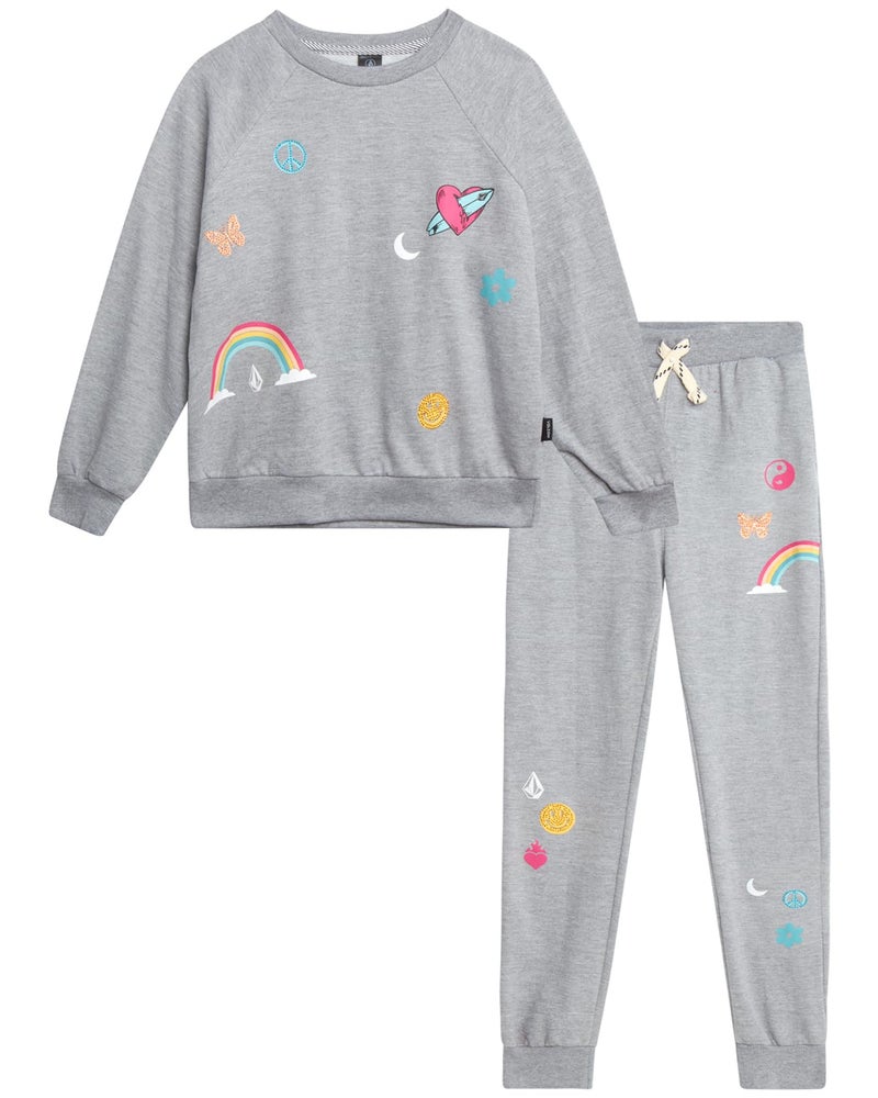 فولكوم طقم رياضي للبنات من فولكوم - قطعتان: سويت شيرت برقبة دائرية من قماش تيري فرنسي وبنطال رياضي للبنات (7-12)، رمادي فاتح، 8 - Image 1