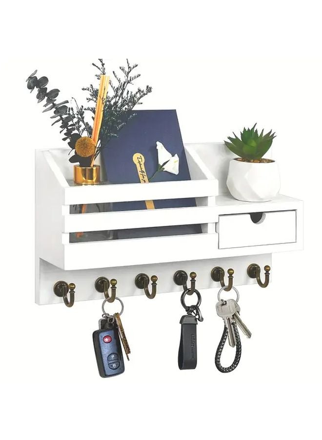 White Wall Mounted Key and Mail Holder with 6 Hooks and Storage Drawer for Entryway - Image 1