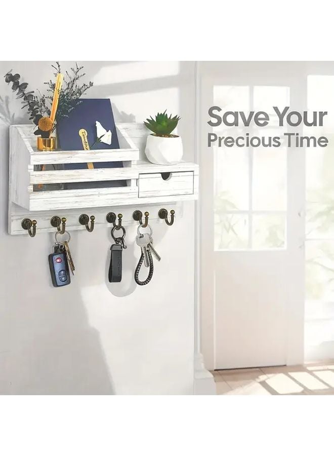White Wall Mounted Key and Mail Holder with 6 Hooks and Storage Drawer for Entryway - Image 5