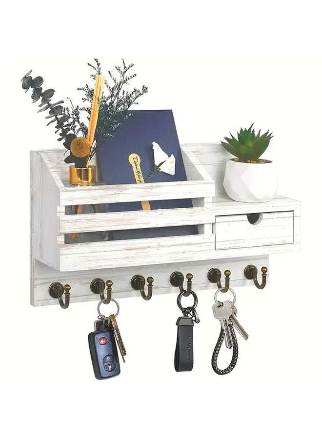 White Wall Mounted Key and Mail Holder with 6 Hooks and Storage Drawer for Entryway - Image 2