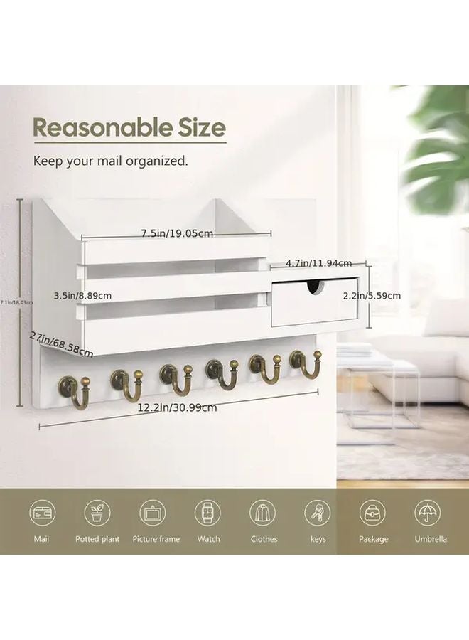 White Wall Mounted Key and Mail Holder with 6 Hooks and Storage Drawer for Entryway - Image 3