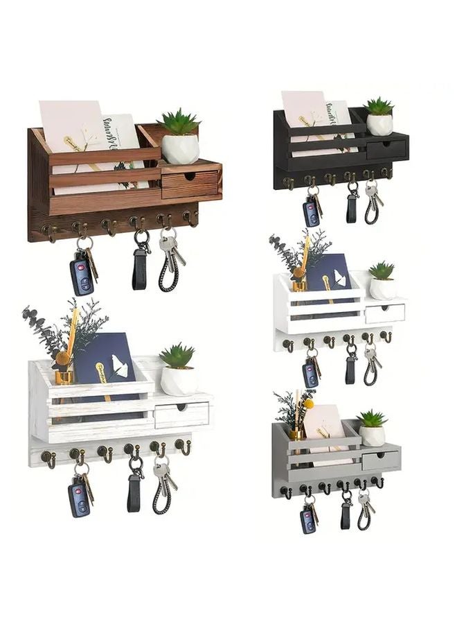 White Wall Mounted Key and Mail Holder with 6 Hooks and Storage Drawer for Entryway - Image 4