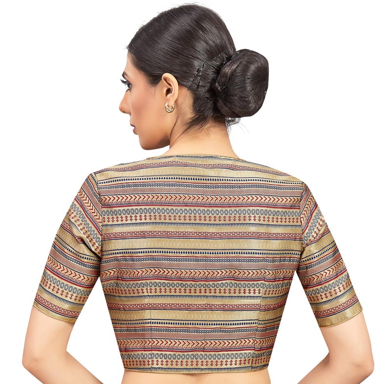Studio Shringaar Women's Gold Brocade Half Sleeve Readymade Saree Blouse (Gold, 36) - Image 2